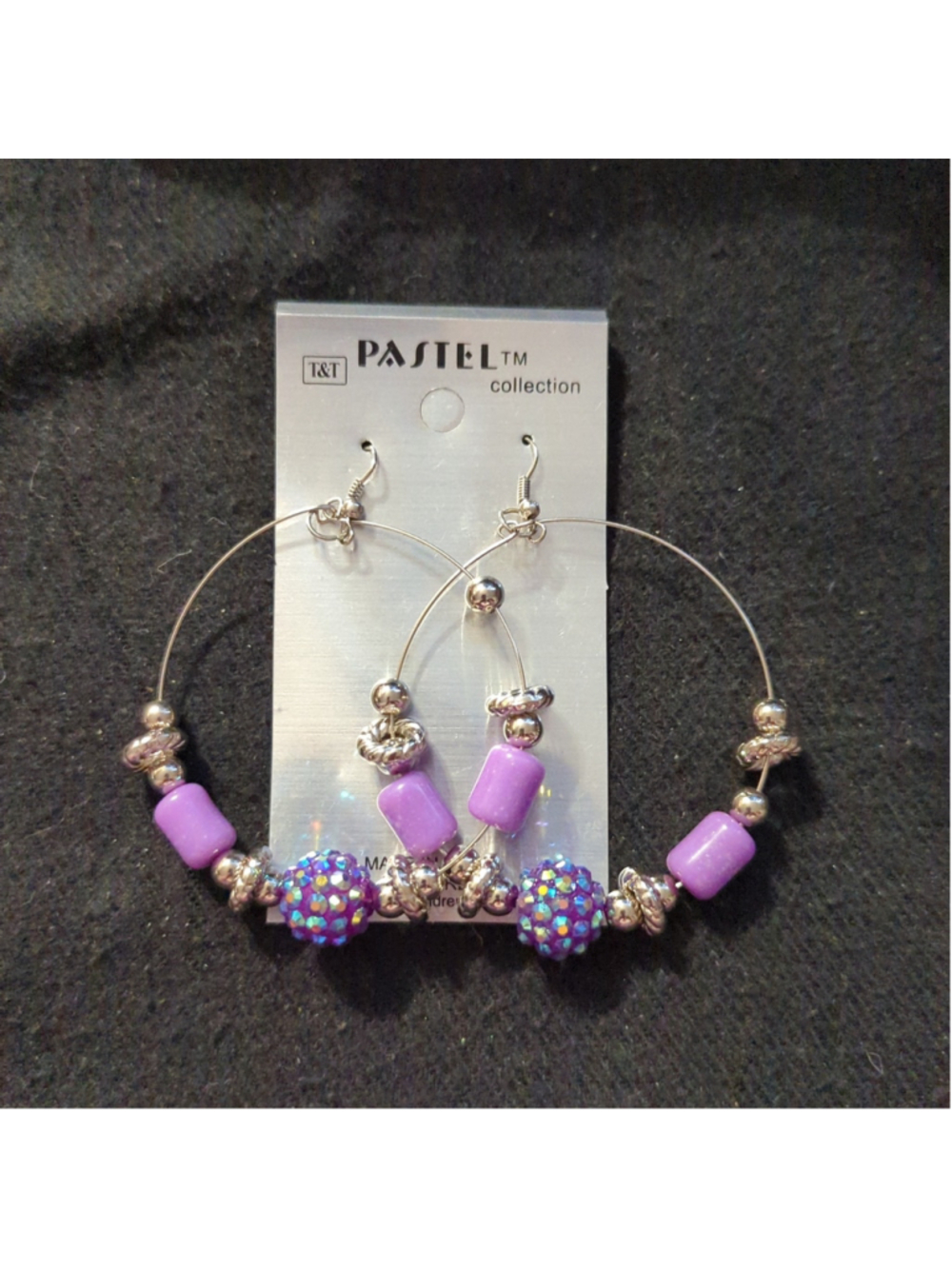 Pastel Collection Silver Tone Purple Beaded Hoop Dangle Statement Earrings